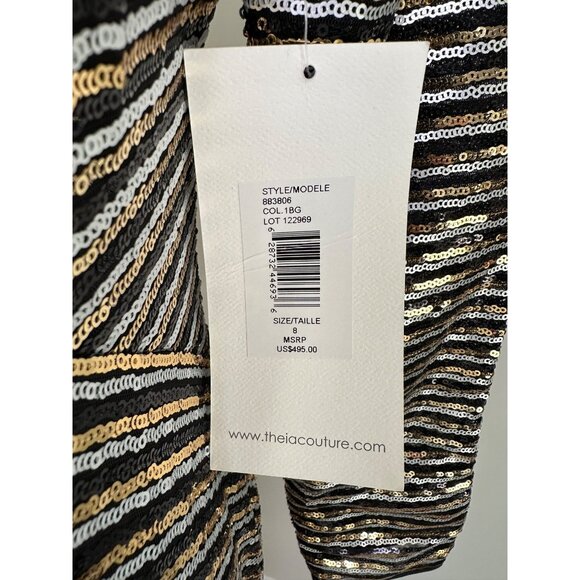 THEIA New Sz 8 Black & Gold Striped Sequin LS Evening Cocktail Dress $495 - Picture 2 of 16